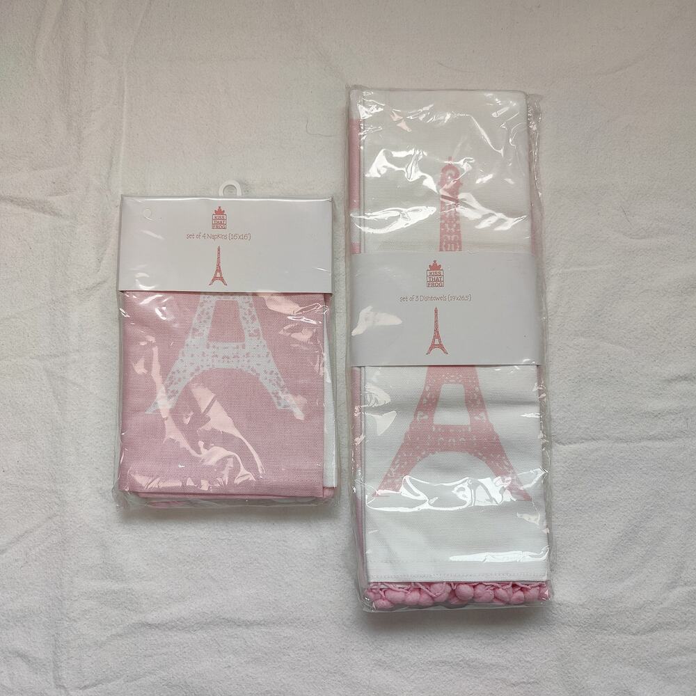 Kiss That Frog Pink Pariscore Girl's Kitchen Pom Pom Napkin and Dish Towels Sets
